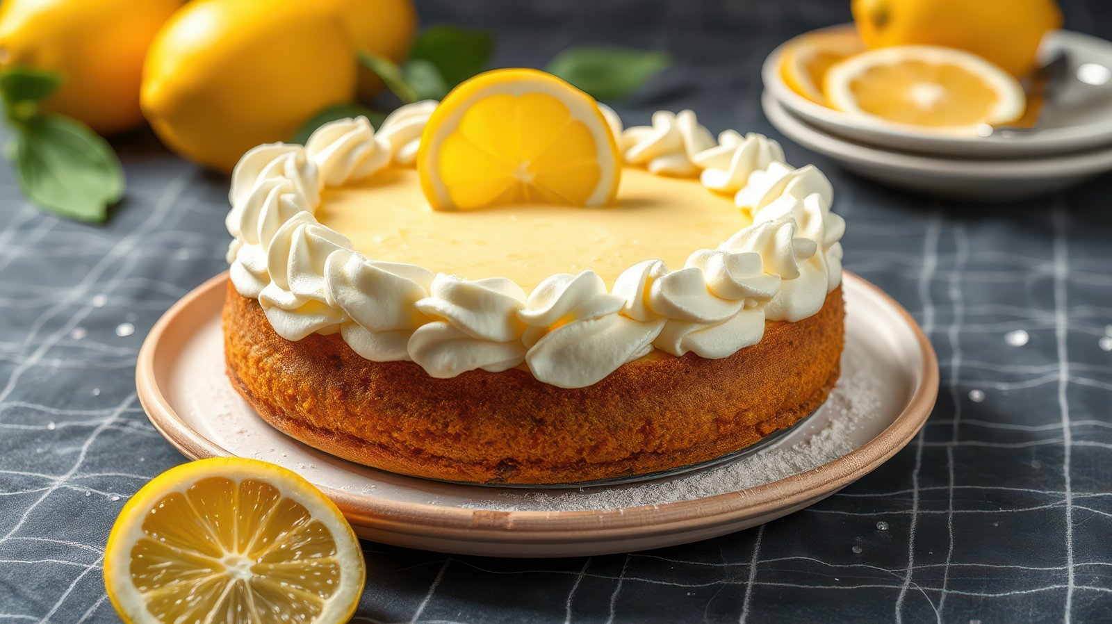 Delicious lemon cheesecake decorated with whipped cream and lemon slices on a rustic table
